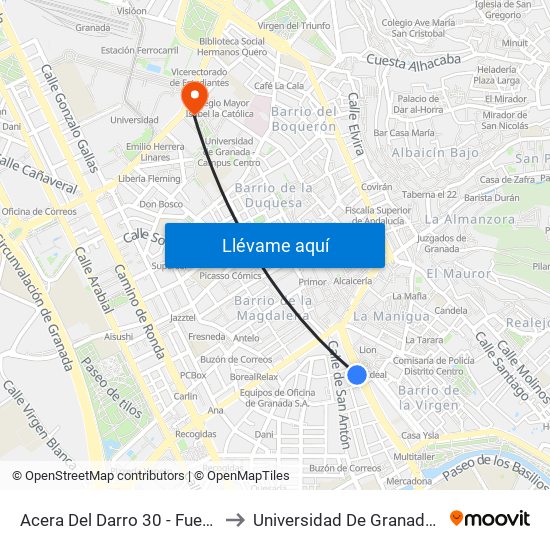 Acera Del Darro 30 - Fuente De Las Batallas to Universidad De Granada - Campus Centro map