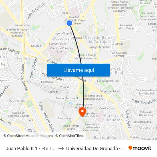 Juan Pablo II 1 - Fte Traumatología to Universidad De Granada - Campus Centro map