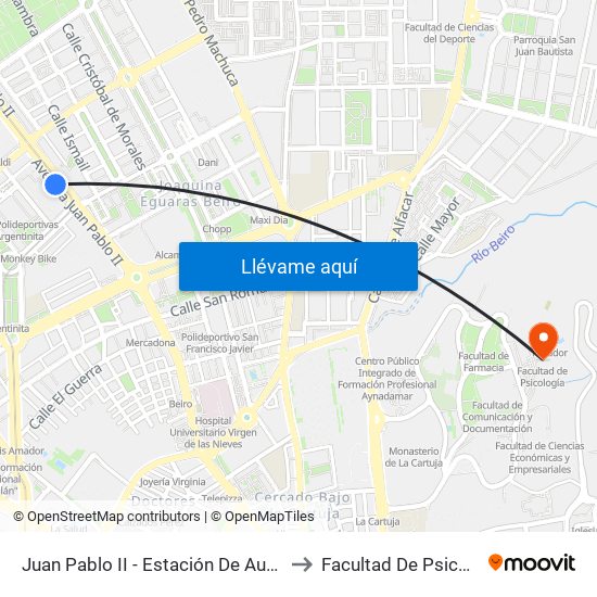 Juan Pablo II - Estación De Autobuses to Facultad De Psicología map