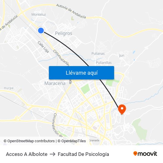 Acceso A Albolote to Facultad De Psicología map