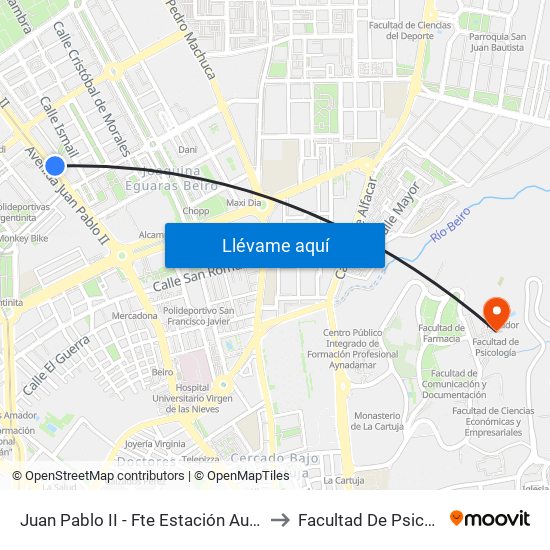 Juan Pablo II - Fte Estación Autobuses to Facultad De Psicología map