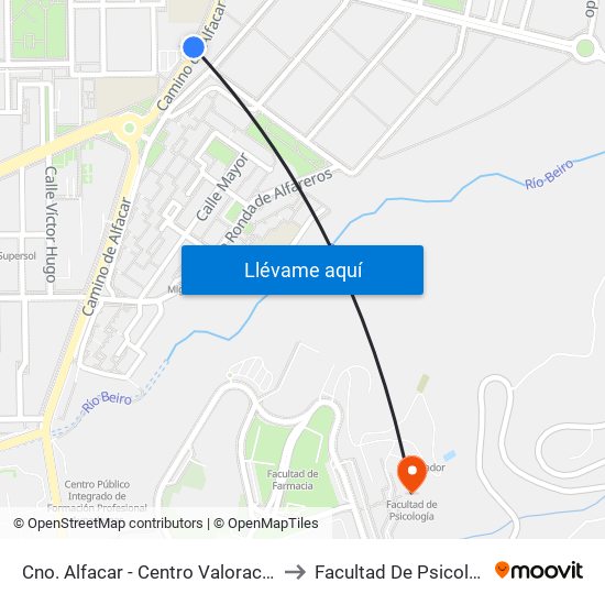 Cno. Alfacar - Centro Valoración 2 to Facultad De Psicología map