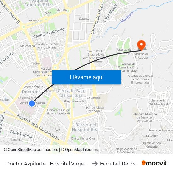 Doctor Azpitarte - Hospital Virgen De Las Nieves to Facultad De Psicología map