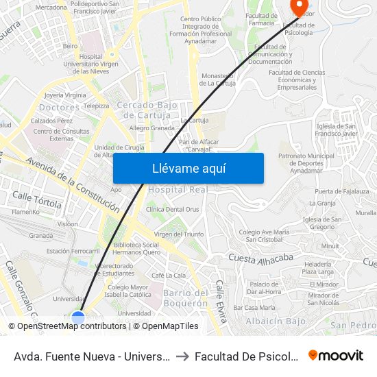 Avda. Fuente Nueva - Universidad to Facultad De Psicología map