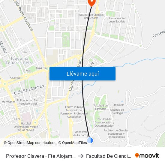 Profesor Clavera - Fte Alojamientos Universitarios to Facultad De Ciencias Del Deporte map