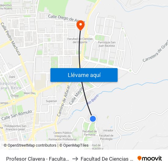 Profesor Clavera - Facultad Farmacia 2 to Facultad De Ciencias Del Deporte map