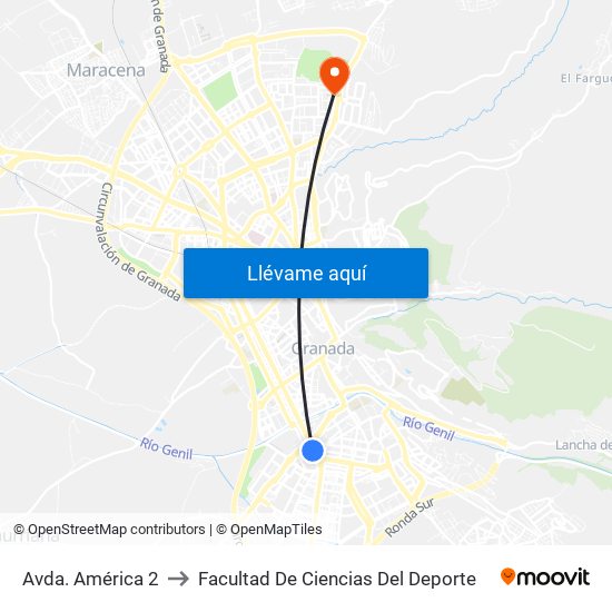 Avda. América 2 to Facultad De Ciencias Del Deporte map