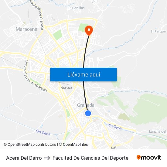 Acera Del Darro to Facultad De Ciencias Del Deporte map