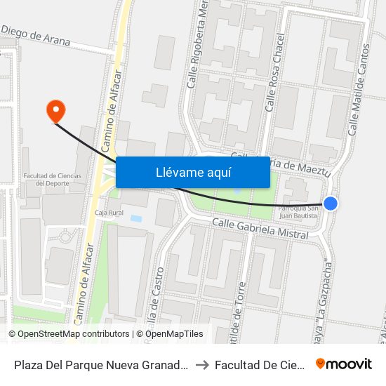 Plaza Del Parque Nueva Granada -  Fte Parroquia S.J. Bautista to Facultad De Ciencias Del Deporte map