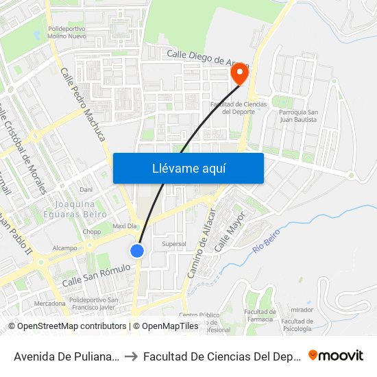 Avenida De Pulianas 3 to Facultad De Ciencias Del Deporte map