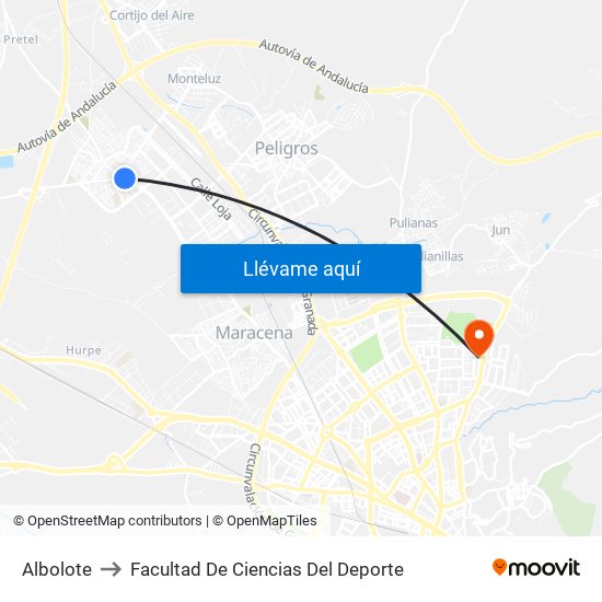 Albolote to Facultad De Ciencias Del Deporte map