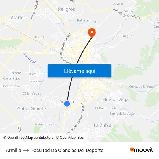 Armilla to Facultad De Ciencias Del Deporte map