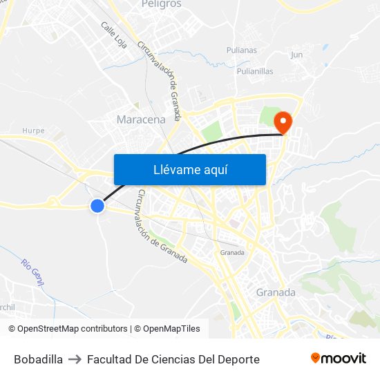 Bobadilla to Facultad De Ciencias Del Deporte map