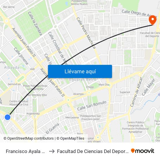 Francisco Ayala 81 to Facultad De Ciencias Del Deporte map