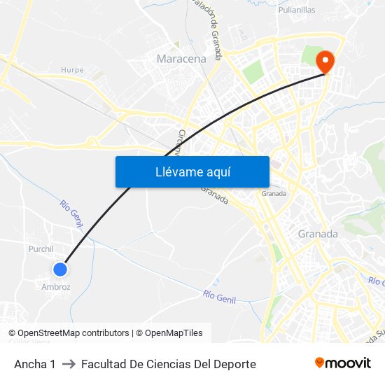 Ancha 1 to Facultad De Ciencias Del Deporte map