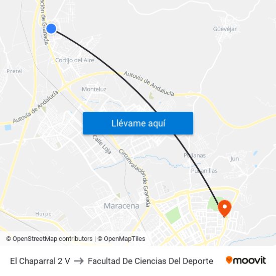 El Chaparral 2 V to Facultad De Ciencias Del Deporte map