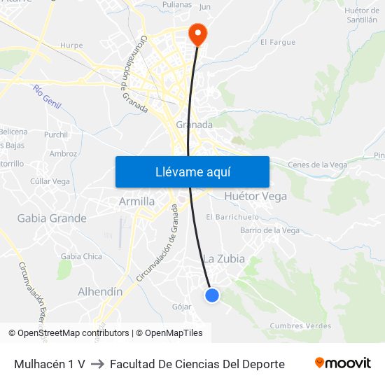 Mulhacén 1 V to Facultad De Ciencias Del Deporte map