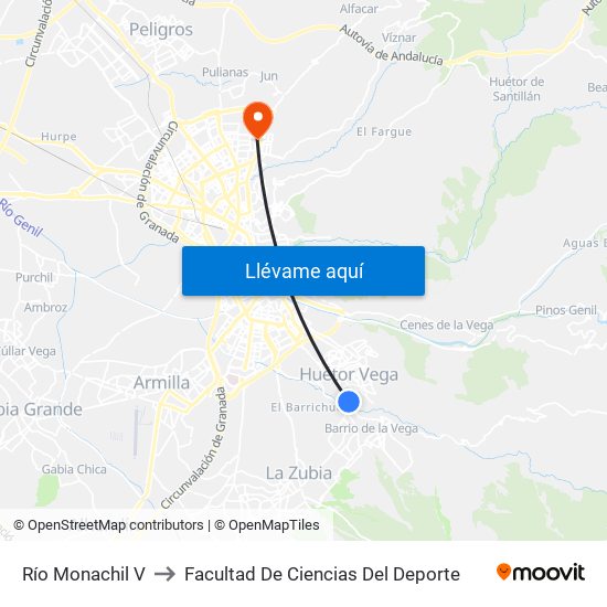 Río Monachil V to Facultad De Ciencias Del Deporte map