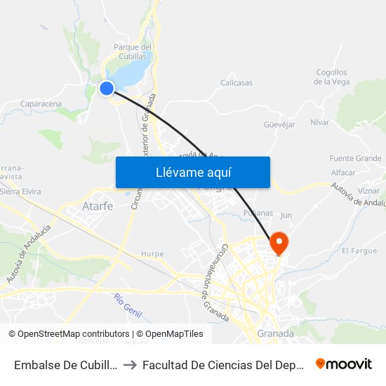 Embalse De Cubillas to Facultad De Ciencias Del Deporte map