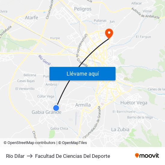 Río Dílar to Facultad De Ciencias Del Deporte map