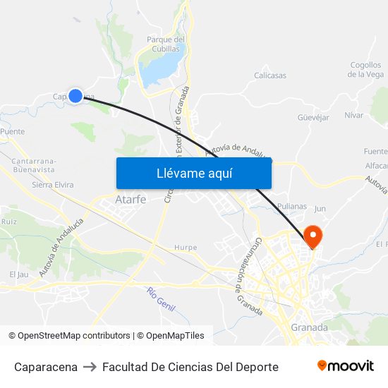 Caparacena to Facultad De Ciencias Del Deporte map