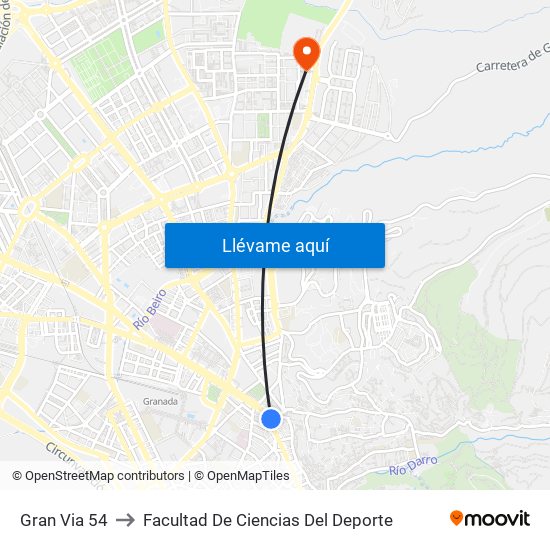 Gran Via 54 to Facultad De Ciencias Del Deporte map