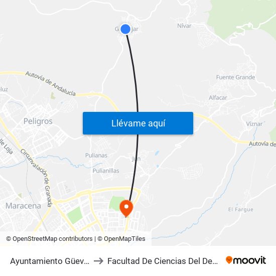 Ayuntamiento Güevéjar to Facultad De Ciencias Del Deporte map