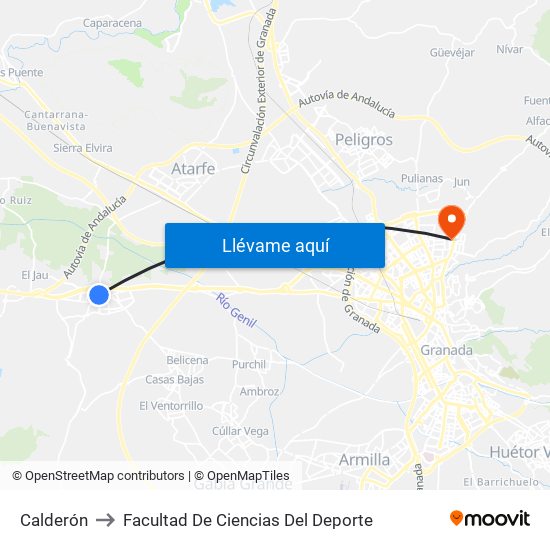 Calderón to Facultad De Ciencias Del Deporte map