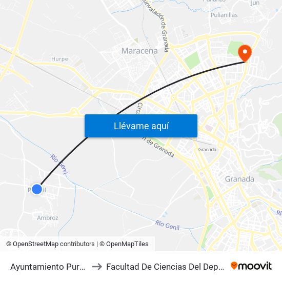 Ayuntamiento Purchil to Facultad De Ciencias Del Deporte map