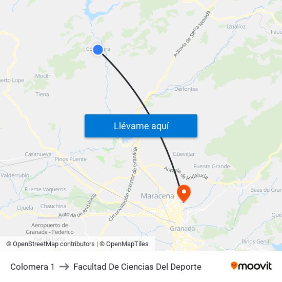 Colomera 1 to Facultad De Ciencias Del Deporte map