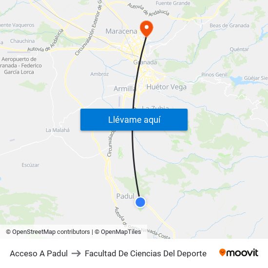 Acceso A Padul to Facultad De Ciencias Del Deporte map