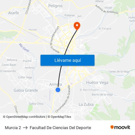 Murcia 2 to Facultad De Ciencias Del Deporte map