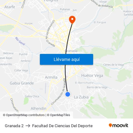 Granada 2 to Facultad De Ciencias Del Deporte map