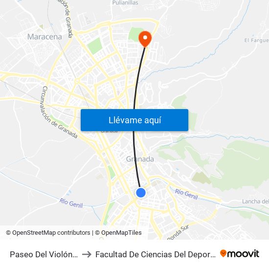 Paseo Del Violón 1 to Facultad De Ciencias Del Deporte map