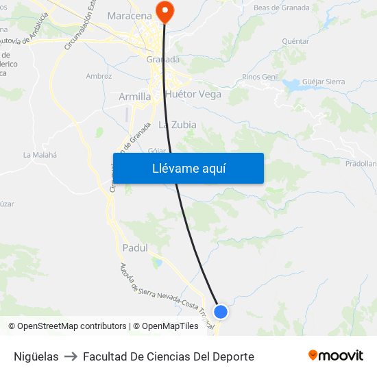 Nigüelas to Facultad De Ciencias Del Deporte map