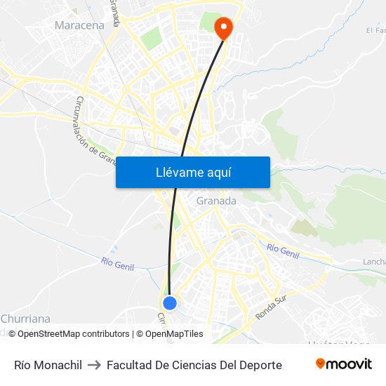 Río Monachil to Facultad De Ciencias Del Deporte map