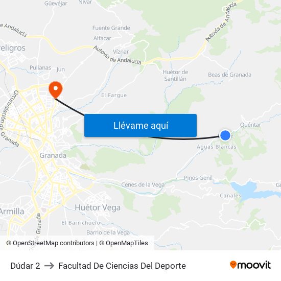 Dúdar 2 to Facultad De Ciencias Del Deporte map