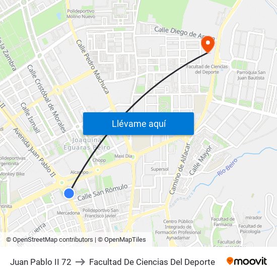 Juan Pablo II 72 to Facultad De Ciencias Del Deporte map