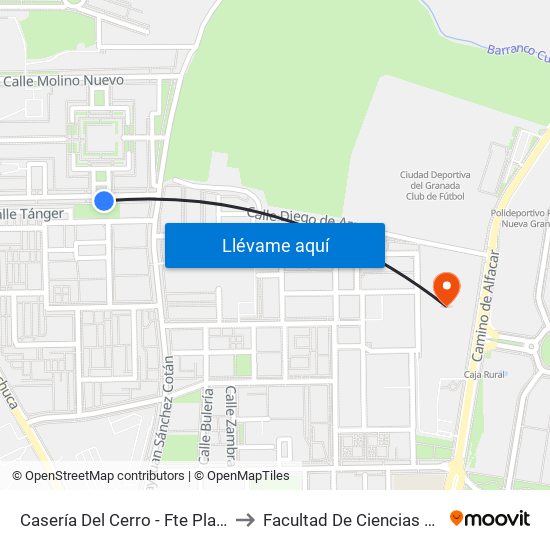 Casería Del Cerro - Fte Plaza Rey Badis to Facultad De Ciencias Del Deporte map