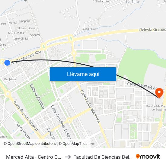 Merced Alta - Centro Comercial to Facultad De Ciencias Del Deporte map