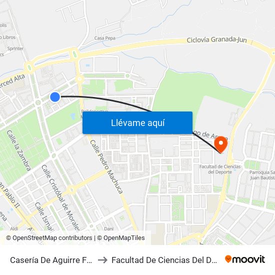 Casería De Aguirre Fte 63 to Facultad De Ciencias Del Deporte map