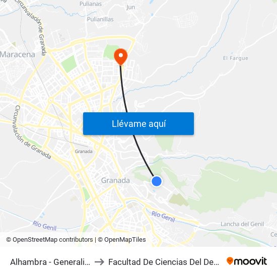 Alhambra - Generalife 2 to Facultad De Ciencias Del Deporte map