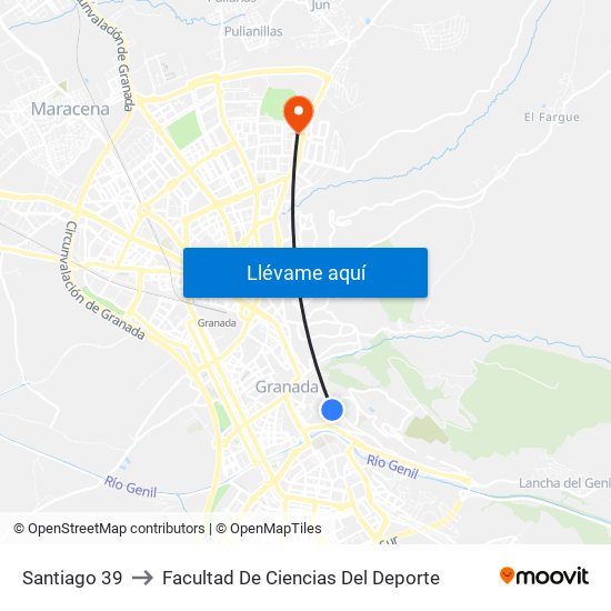Santiago 39 to Facultad De Ciencias Del Deporte map