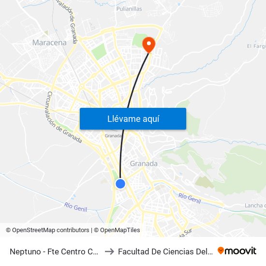 Neptuno - Fte Centro Comercial to Facultad De Ciencias Del Deporte map