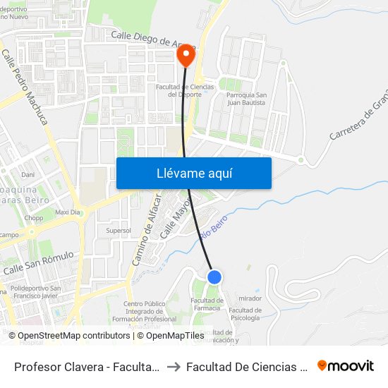 Profesor Clavera - Facultad Farmacia 1 to Facultad De Ciencias Del Deporte map