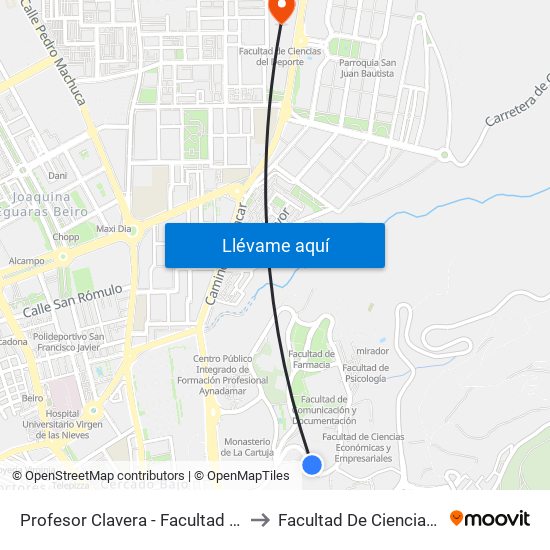 Profesor Clavera - Facultad Filosofía Y Letras to Facultad De Ciencias Del Deporte map