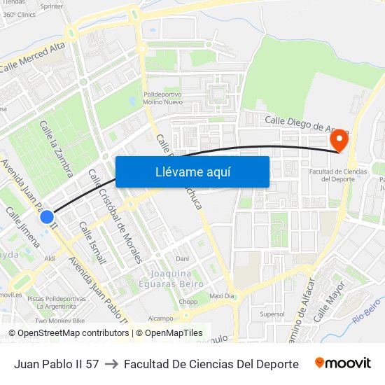 Juan Pablo II 57 to Facultad De Ciencias Del Deporte map