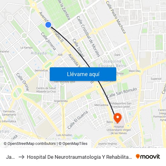 Jaén to Hospital De Neurotraumatología Y Rehabilitación map