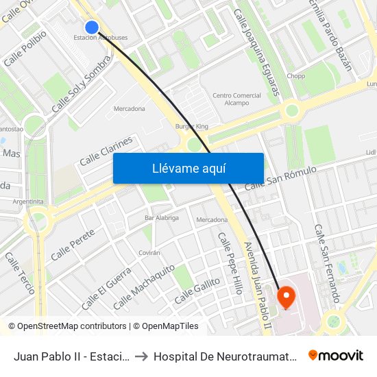 Juan Pablo II - Estación De Autobuses to Hospital De Neurotraumatología Y Rehabilitación map