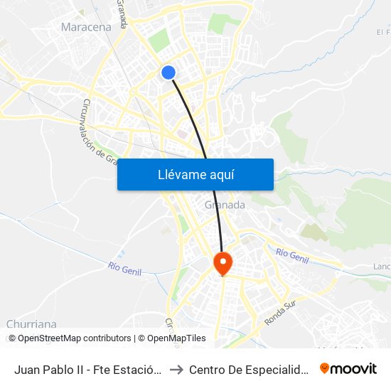 Juan Pablo II - Fte Estación Autobuses to Centro De Especialidades Zaídin map